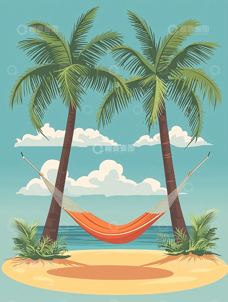 高清大图下载【趣麦麦图】热带海滩椰树吊床