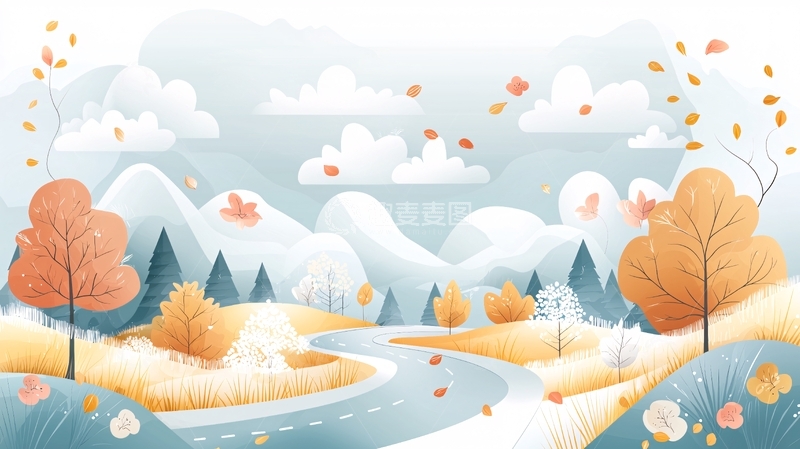 高清大图下载【趣麦麦图】宁静的秋日山景插画