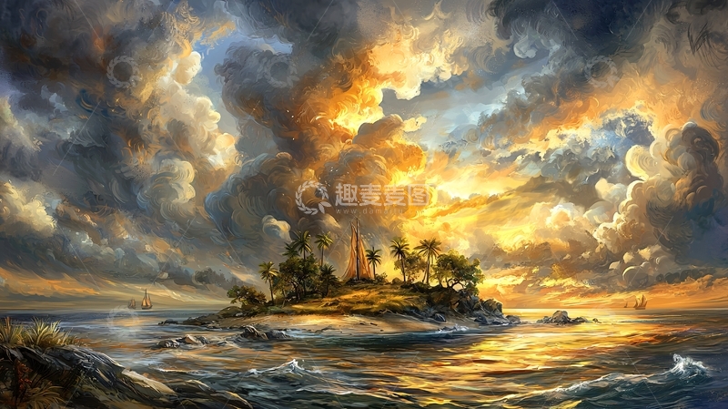 高清大图下载【趣麦麦图】热带岛屿日落帆船