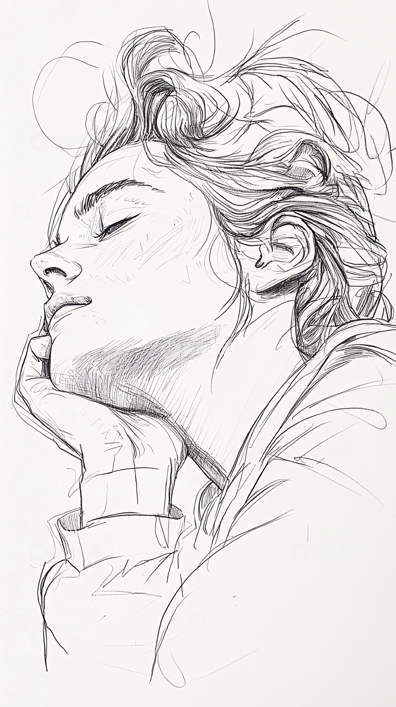 高清大图下载【趣麦麦图】侧脸闭眼思考的女人素描