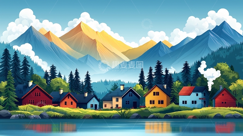 高清大图下载【趣麦麦图】山间小屋与湖畔风景