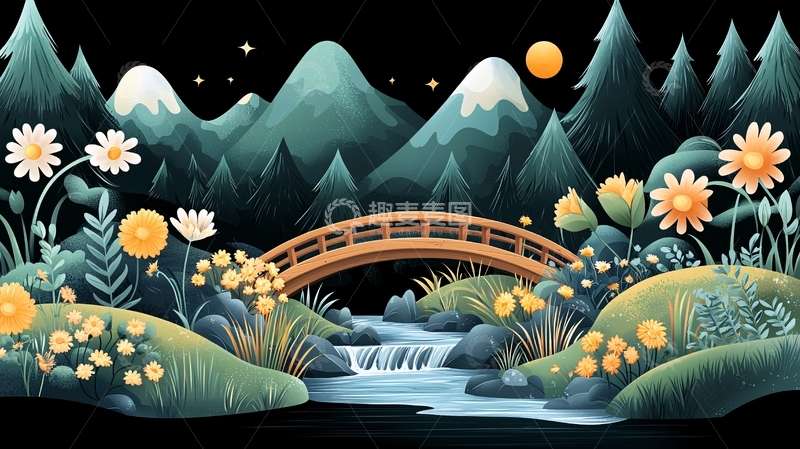 高清大图下载【趣麦麦图】夜间山水田园风光