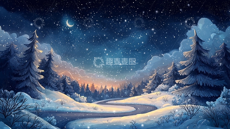 高清大图下载【趣麦麦图】雪夜森林小溪