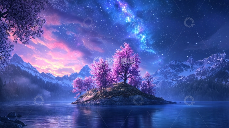 高清大图下载【趣麦麦图】梦幻星空下的湖畔孤岛