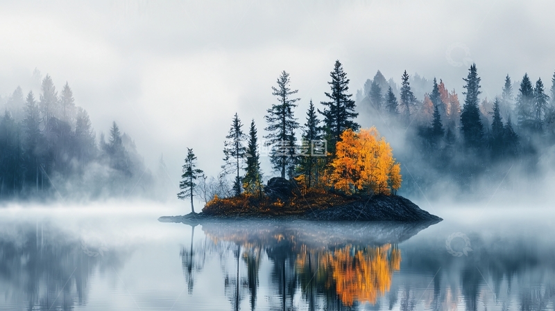高清大图下载【趣麦麦图】秋雾中的孤岛
