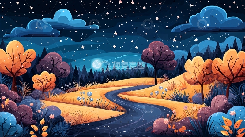 高清大图下载【趣麦麦图】夜晚星空下的田园风光