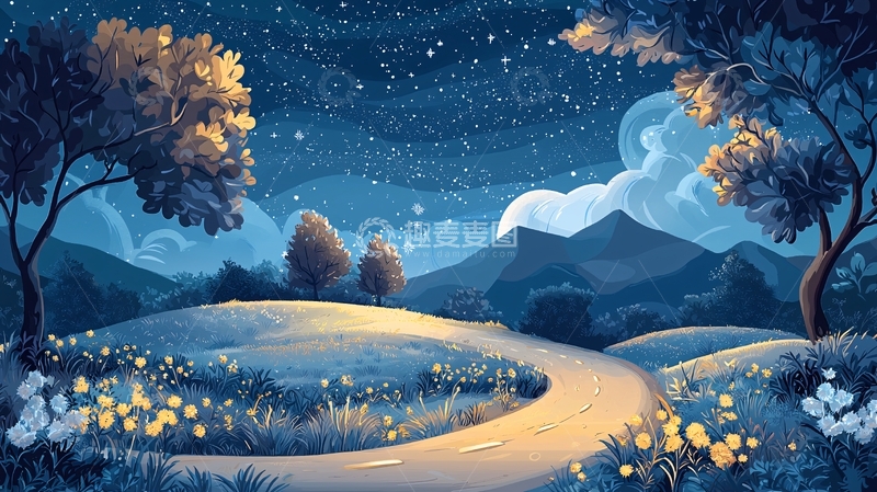 高清大图下载【趣麦麦图】夜空下的田野小路