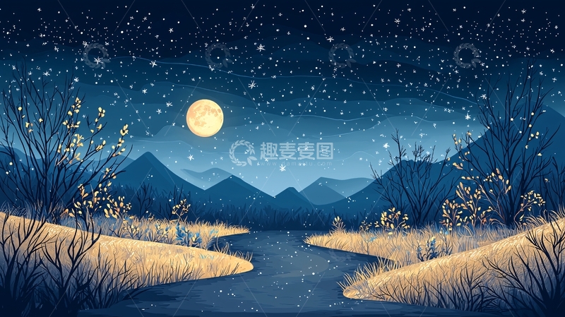高清大图下载【趣麦麦图】月夜山水风景插画