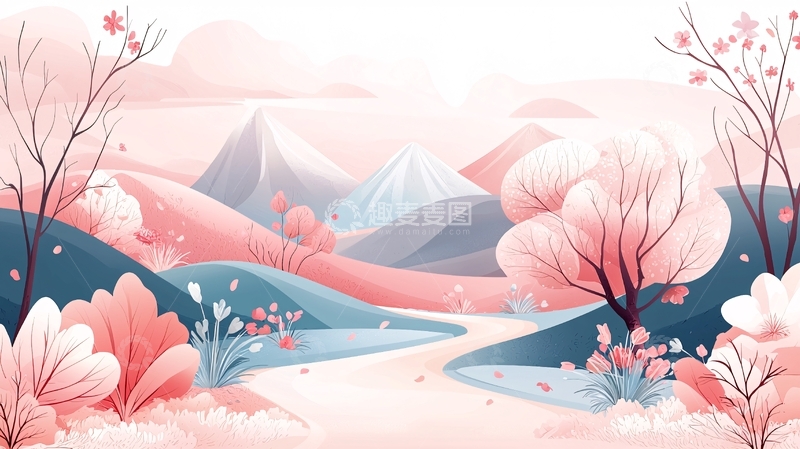 高清大图下载【趣麦麦图】淡粉色山水树木意境