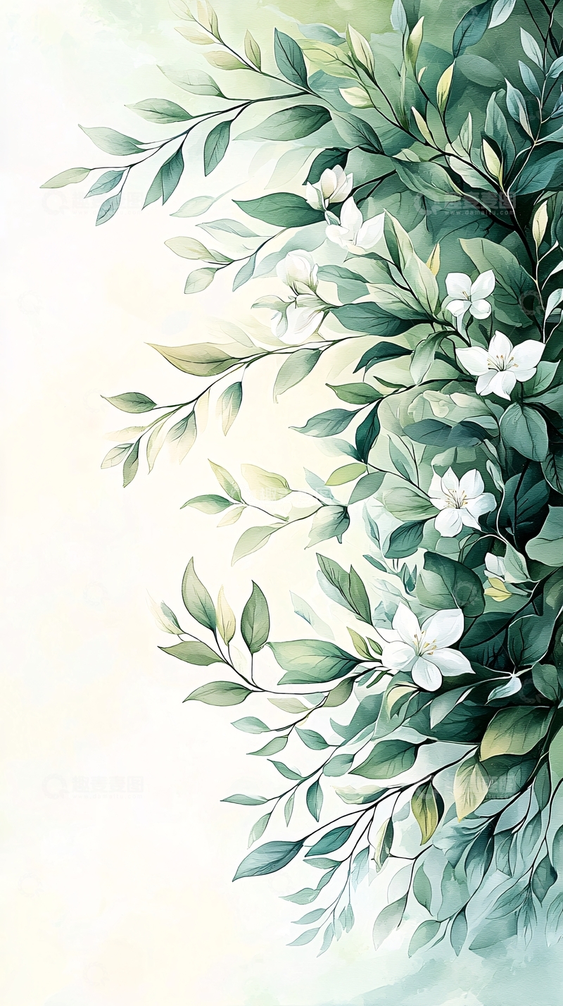 高清大图下载【趣麦麦图】清新绿叶白花背景图