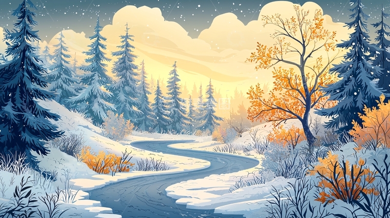 高清大图下载【趣麦麦图】冬季河流穿梭在雪景森林中