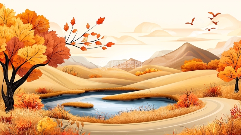 高清大图下载【趣麦麦图】秋日湖光山色水彩插画