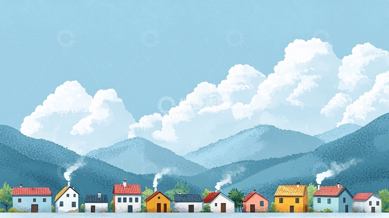 高清大图下载【趣麦麦图】山间小镇炊烟袅袅