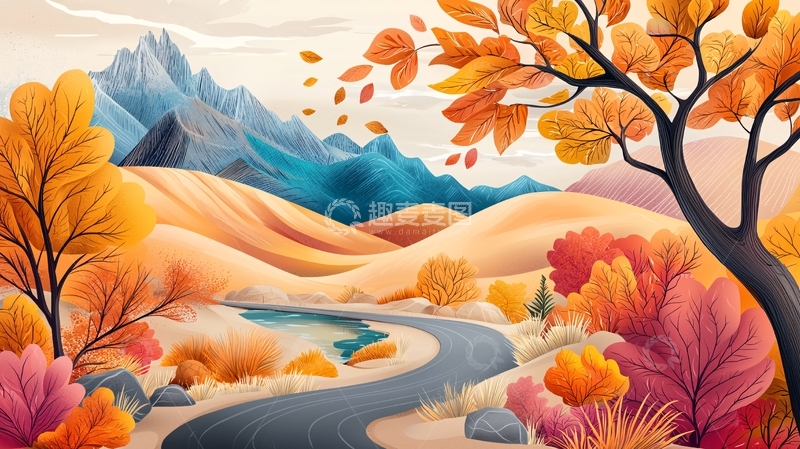 高清大图下载【趣麦麦图】秋天山水风景插画