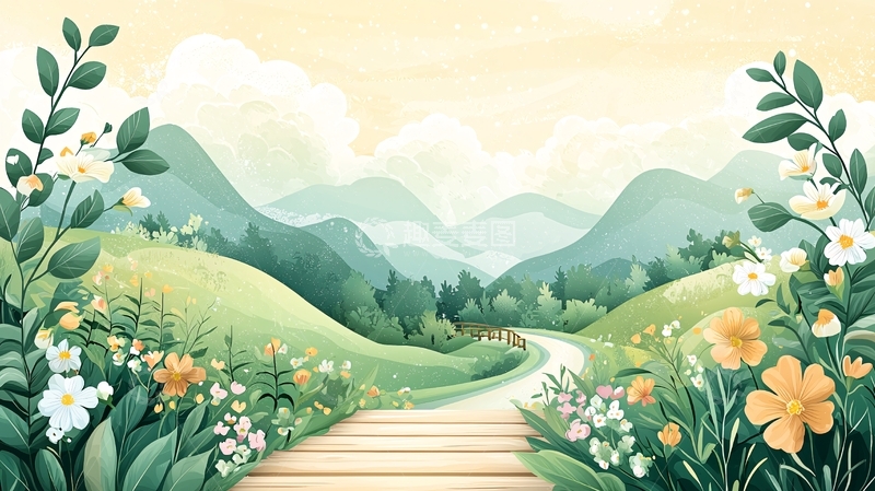高清大图下载【趣麦麦图】山间小路鲜花盛开的景色
