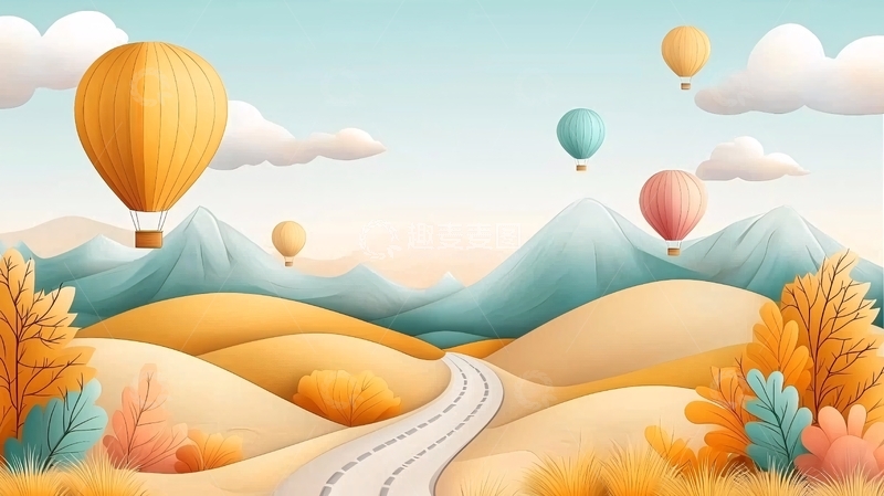 高清大图下载【趣麦麦图】热气球田野山脉卡通背景