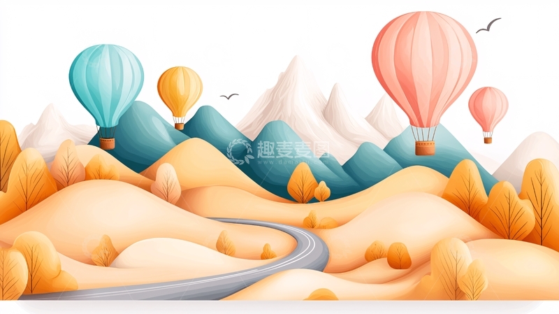 高清大图下载【趣麦麦图】卡通热气球山脉风景