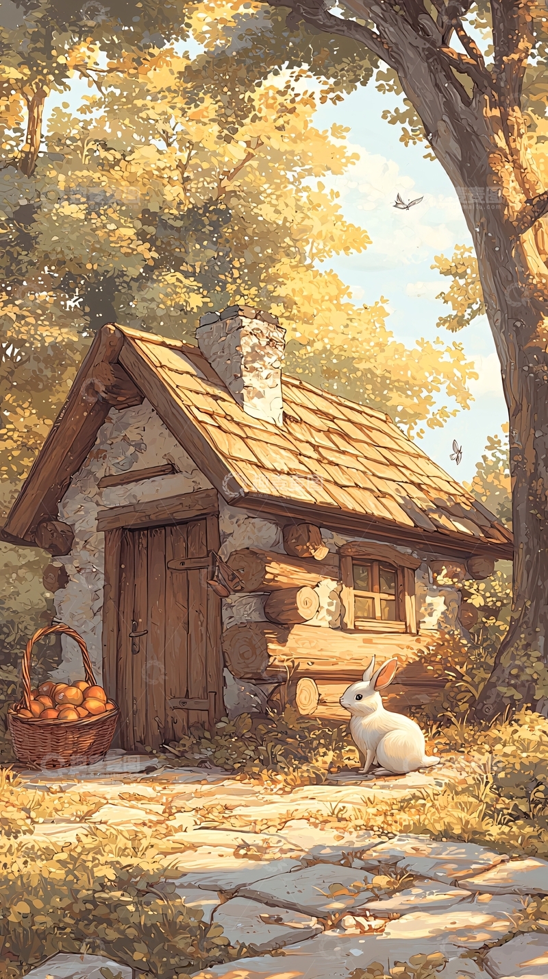 高清大图下载【趣麦麦图】秋日小屋与兔子