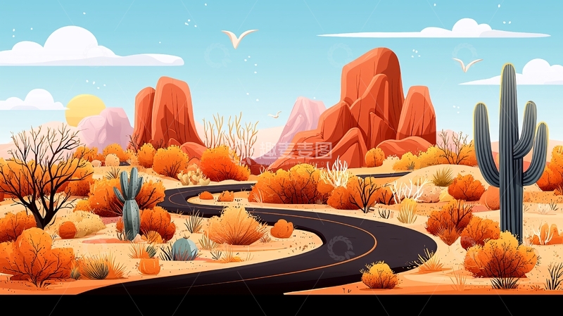 高清大图下载【趣麦麦图】卡通沙漠公路景色