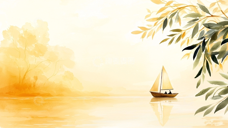 高清大图下载【趣麦麦图】秋日湖畔帆船风景画