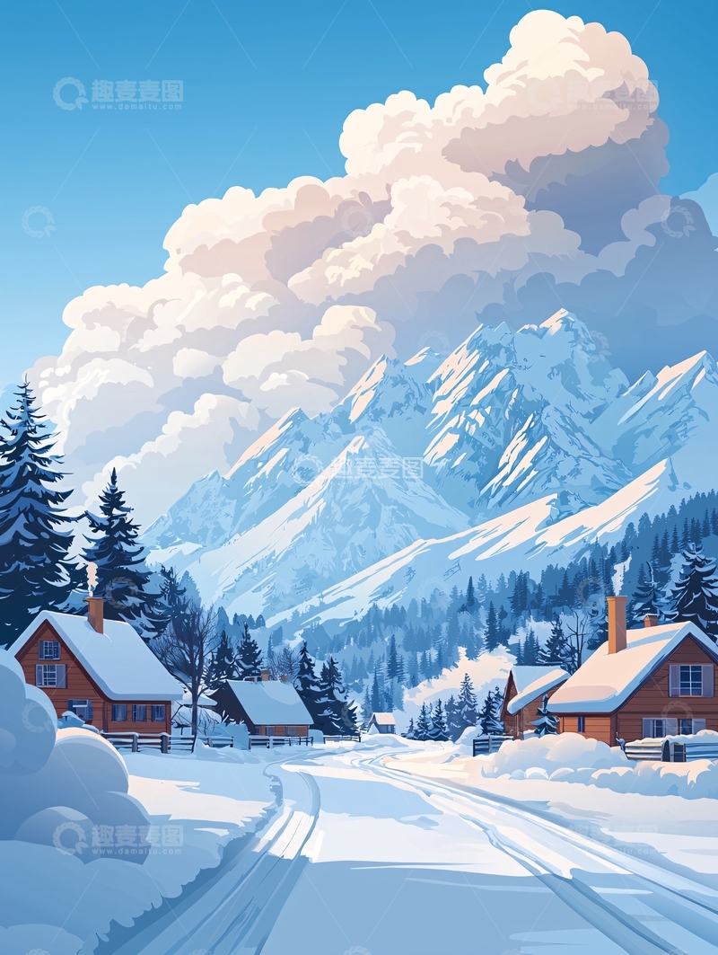高清大图下载【趣麦麦图】冬日山村雪景