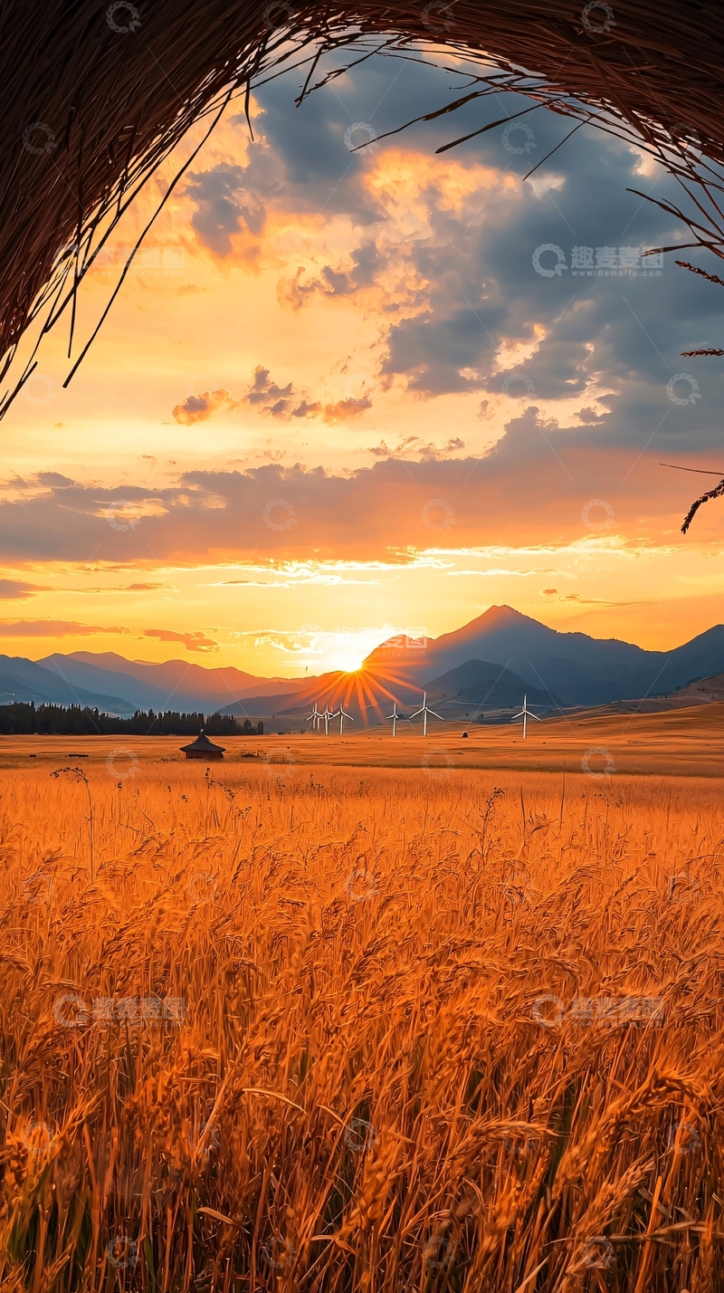 高清大图下载【趣麦麦图】夕阳下的麦田与风车