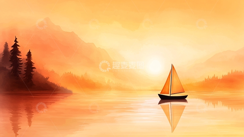 高清大图下载【趣麦麦图】秋日湖畔帆船静谧图