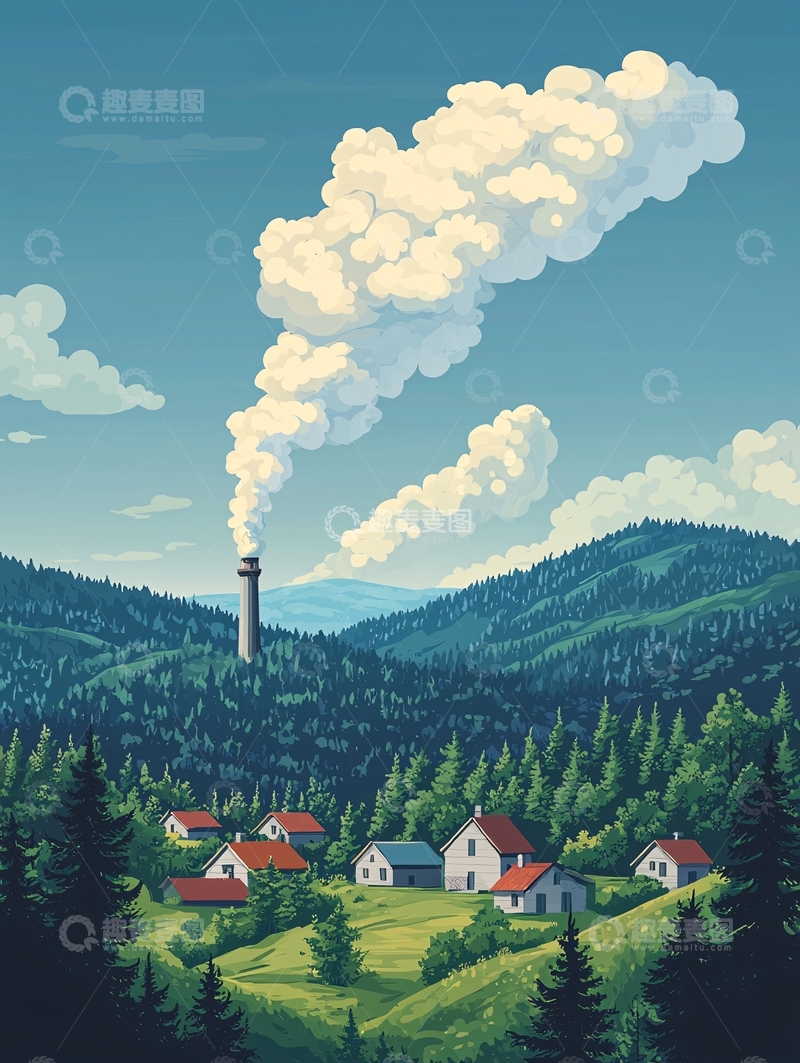 高清大图下载【趣麦麦图】烟囱排放烟雾的乡村风景