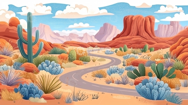 高清大图下载【趣麦麦图】卡通沙漠风景路