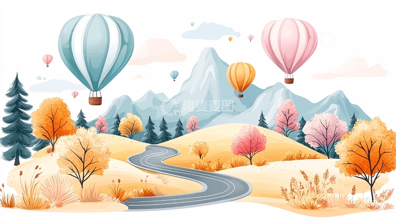 高清大图下载【趣麦麦图】热气球山水风景画