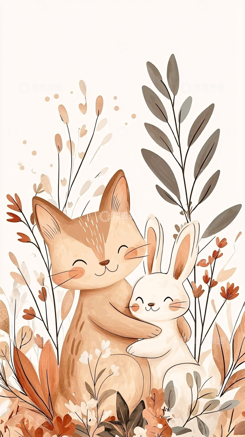 高清大图下载【趣麦麦图】秋日森林里的小猫和兔子