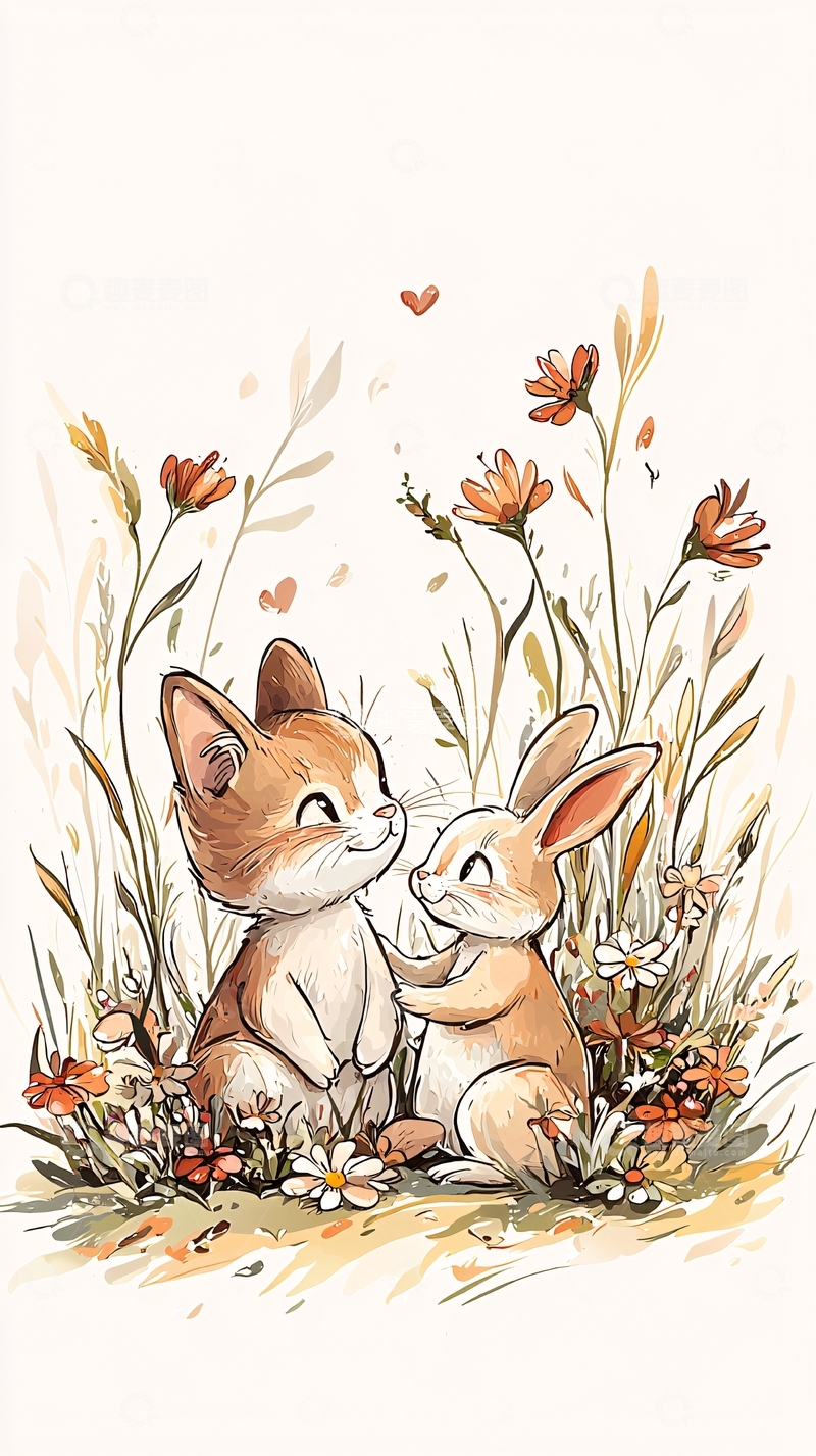 小猫和兔子在花丛中拥抱
