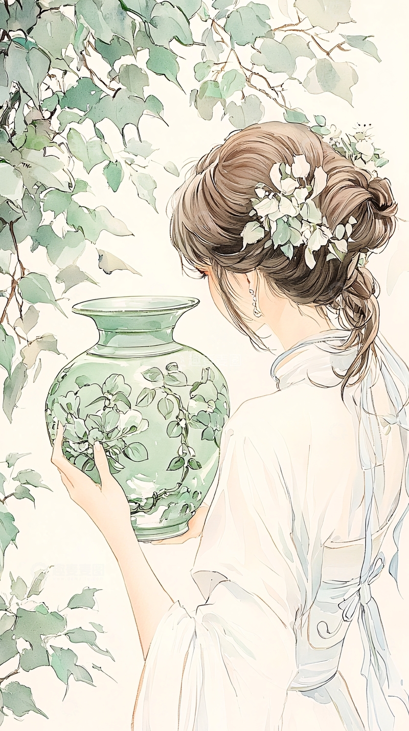 高清大图下载【趣麦麦图】绿意盎然的花瓶与少女