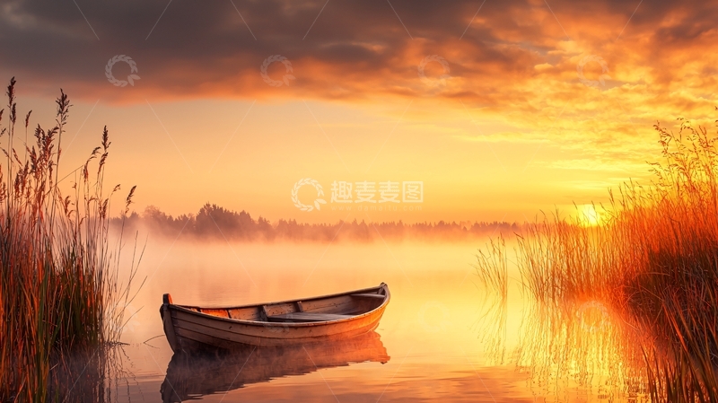 高清大图下载【趣麦麦图】晨雾中的小船与日出