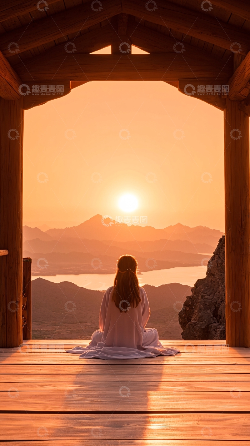 高清大图下载【趣麦麦图】日落山间冥想女子