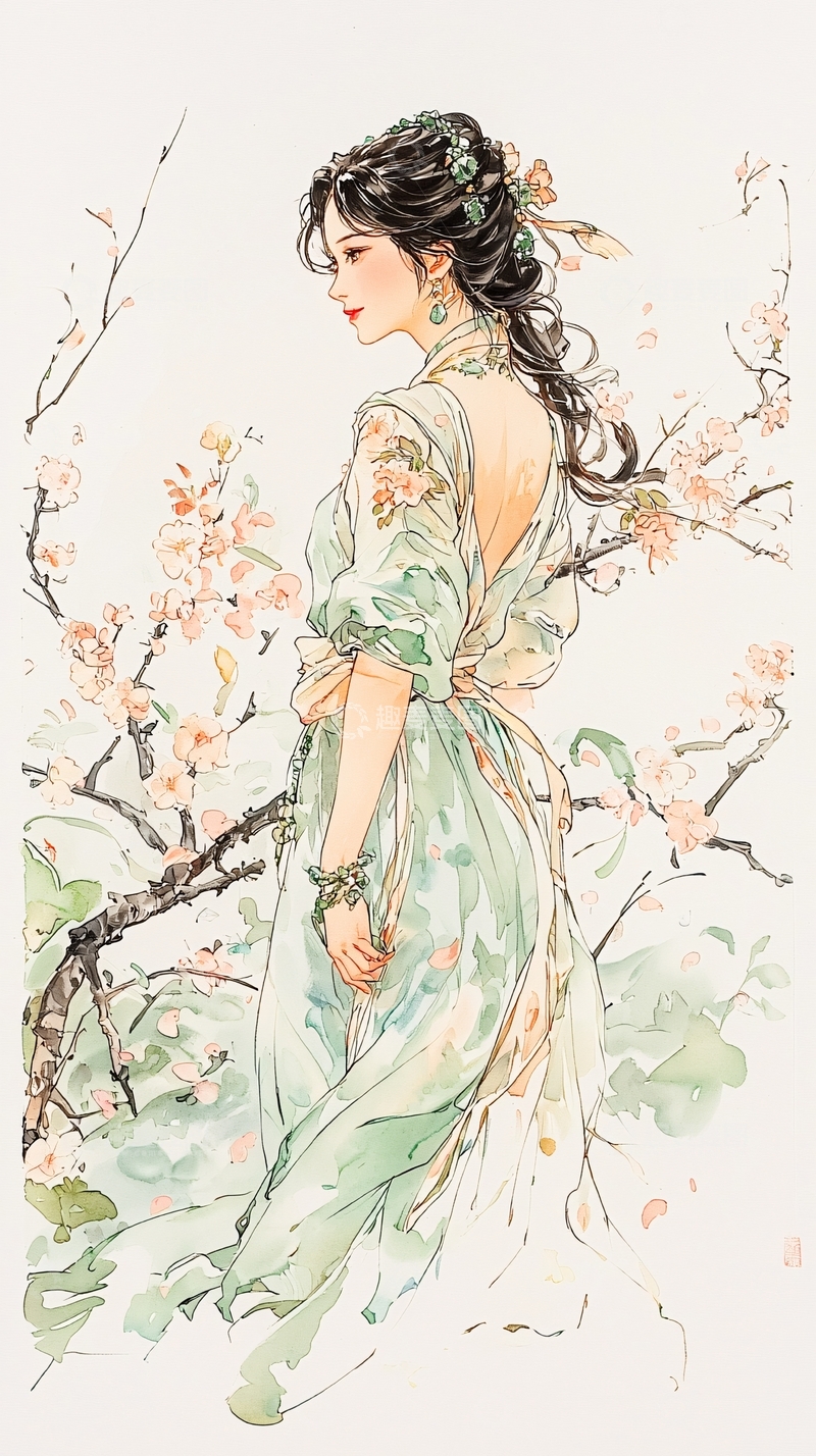 高清大图下载【趣麦麦图】春日花间女子图