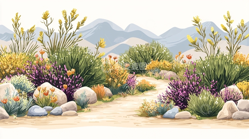 高清大图下载【趣麦麦图】花草石径山脉水彩画