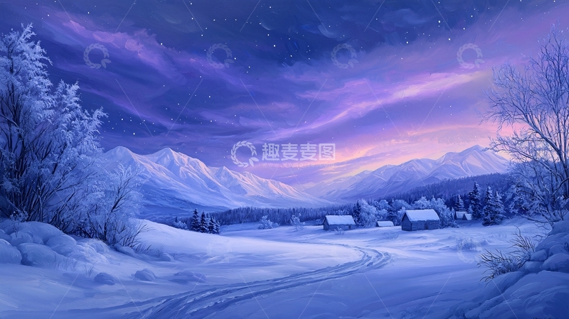 高清大图下载【趣麦麦图】冬夜雪景村庄