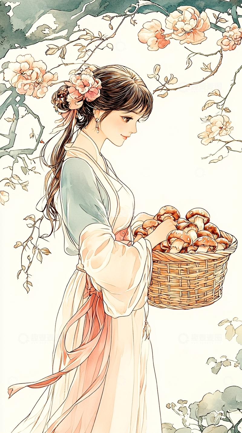 高清大图下载【趣麦麦图】古风女子采蘑菇插画