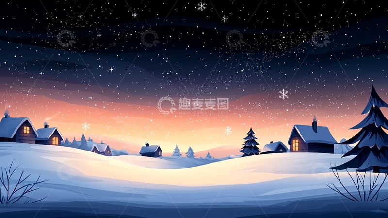 高清大图下载【趣麦麦图】冬夜小村庄雪景