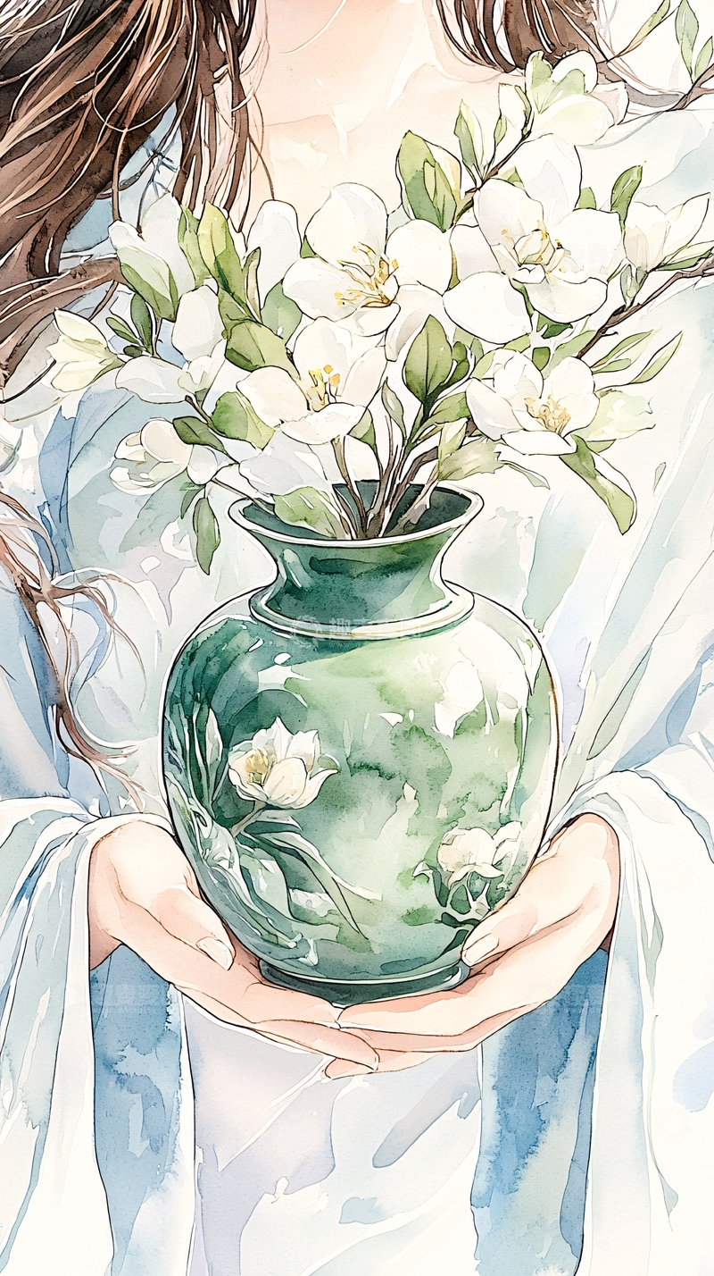 高清大图下载【趣麦麦图】手捧花瓶的女性插画