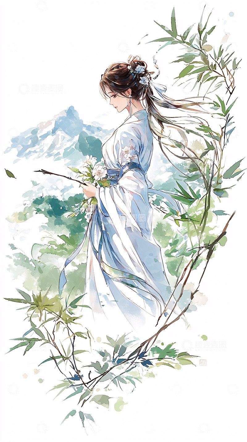 高清大图下载【趣麦麦图】古典美女竹林漫步