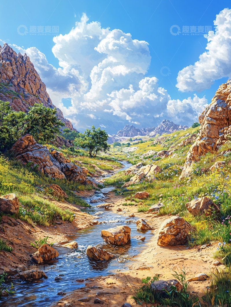 高清大图下载【趣麦麦图】山间小溪风景画