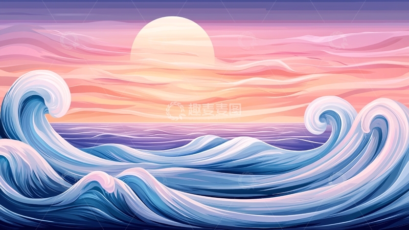 高清大图下载【趣麦麦图】海面波涛汹涌夕阳西下