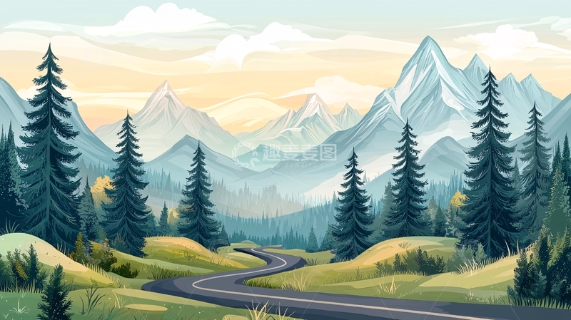 高清大图下载【趣麦麦图】山间公路水彩风景画