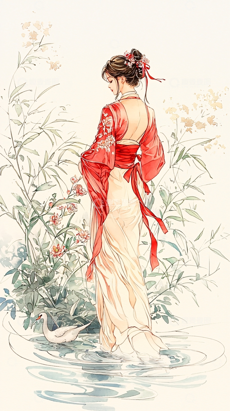 高清大图下载【趣麦麦图】古典美人水边漫步