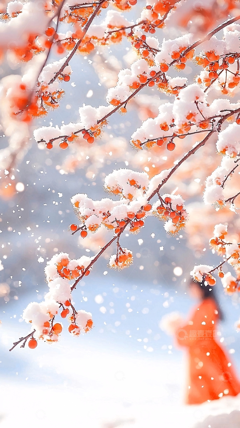 高清大图下载【趣麦麦图】雪中红果人影模糊