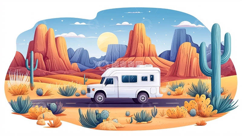 高清大图下载【趣麦麦图】沙漠风景中的白色房车