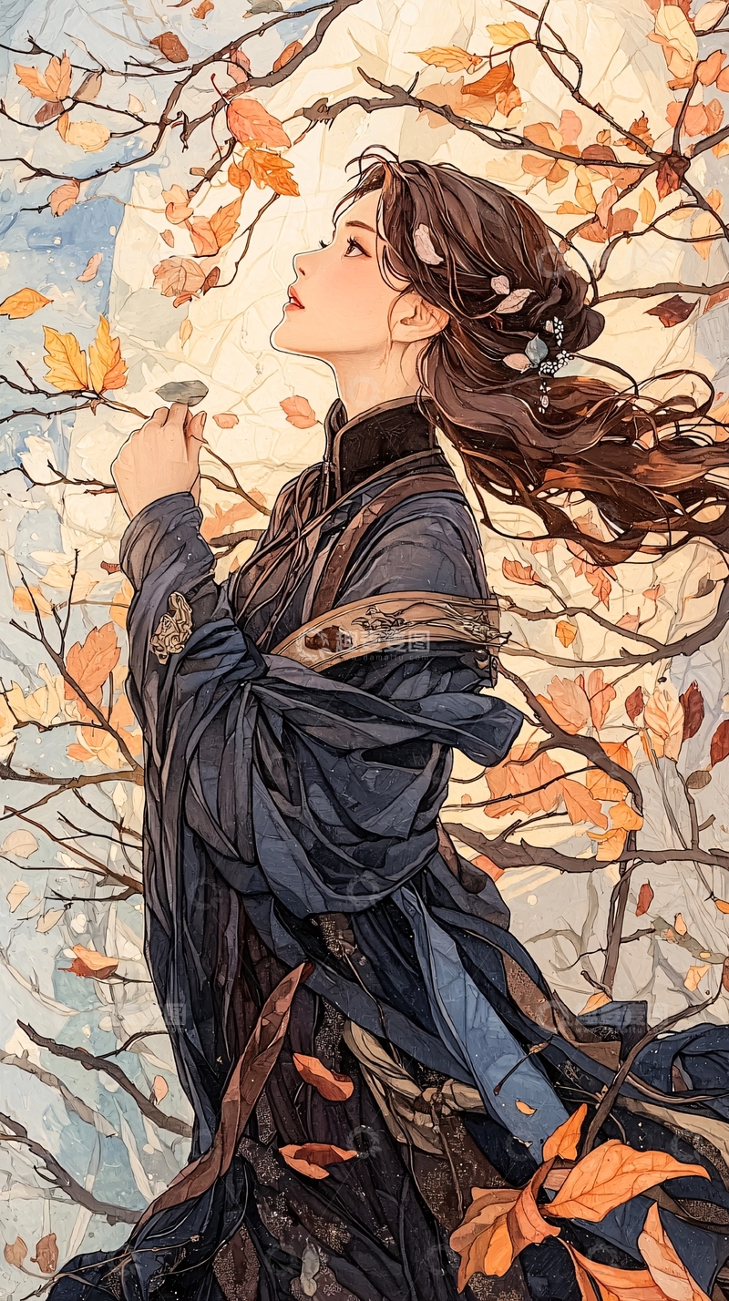 高清大图下载【趣麦麦图】秋日古风女子插画