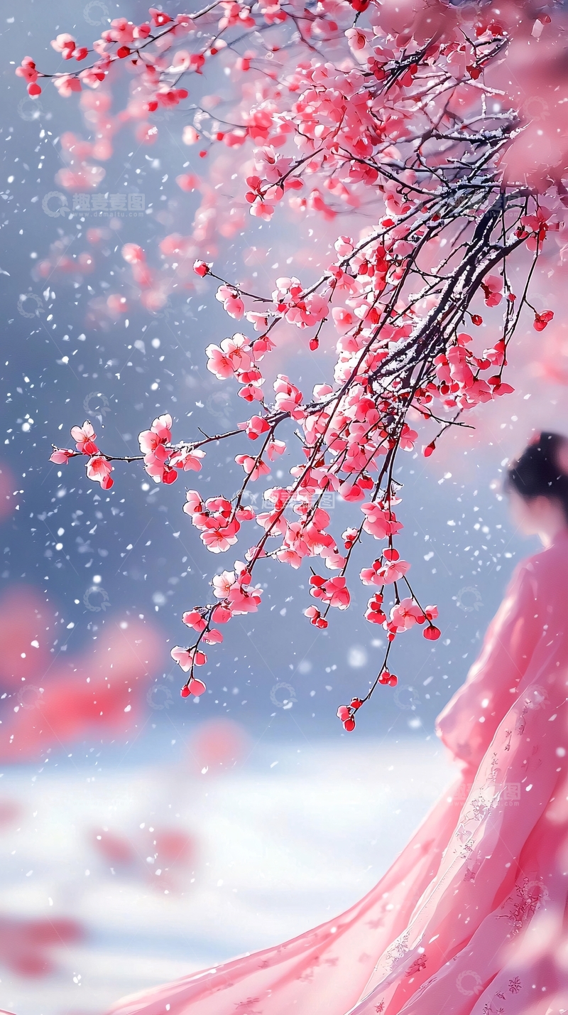 高清大图下载【趣麦麦图】雪中樱花女子